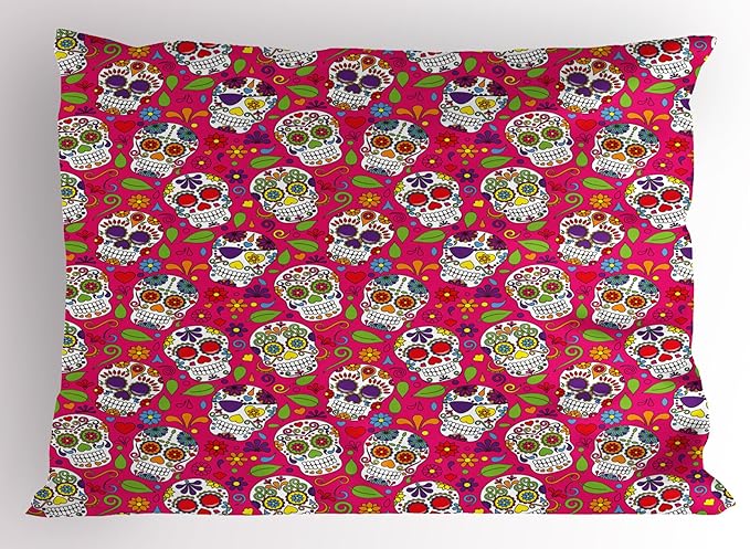 Ambesonne Sugar Skull Pillow Sham, Colorful Skulls Leaves Motifs Pirate Cemetery Graveyard Traditional, Decorative Standard Size Printed Pillowcase, 26" X 20", Multicolor - sugar skull throw pillow