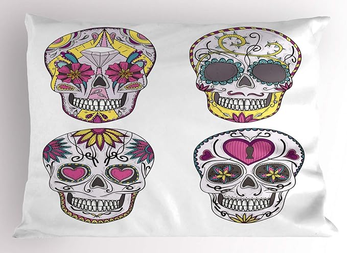 Ambesonne Sugar Skull Pillow Sham, Mexican Style Traditional Sugar Skulls Set with Hearts Ornate Floral Motifs, Decorative Standard Size Printed Pillowcase, 26" X 20", Multicolor - sugar skull throw pillow