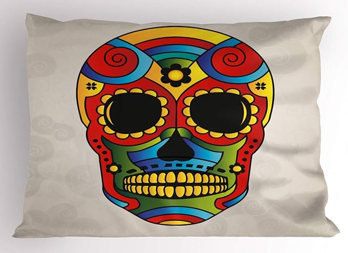 Ambesonne Sugar Skull Pillow Sham, Vibrant Colored Macabre Mexico Latin Tradition Mythical Art, Decorative Standard Size Printed Pillowcase, 26" X 20", Multicolor - sugar skull throw pillow