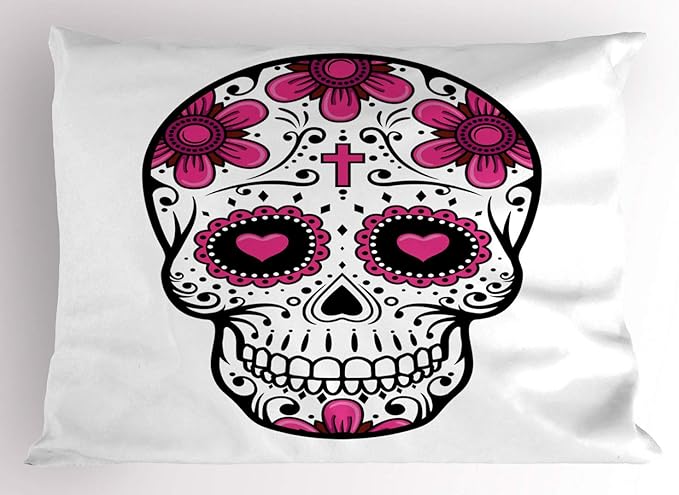 Ambesonne Sugar Skull Pillow Sham, Flowers and Hearts Swirls Cruciform Gothic Cultural Celebration Day, Decorative Standard Queen Size Printed Pillowcase, 30" X 20", Hot Pink Black White - sugar skull throw pillow