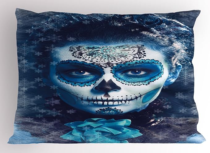 Ambesonne Sugar Skull Pillow Sham, Santa Muerte Concept Winter Season Ice Cold Snowflakes Dead Folkloric, Decorative Standard Size Printed Pillowcase, 26" X 20", Multicolor - sugar skull throw pillow