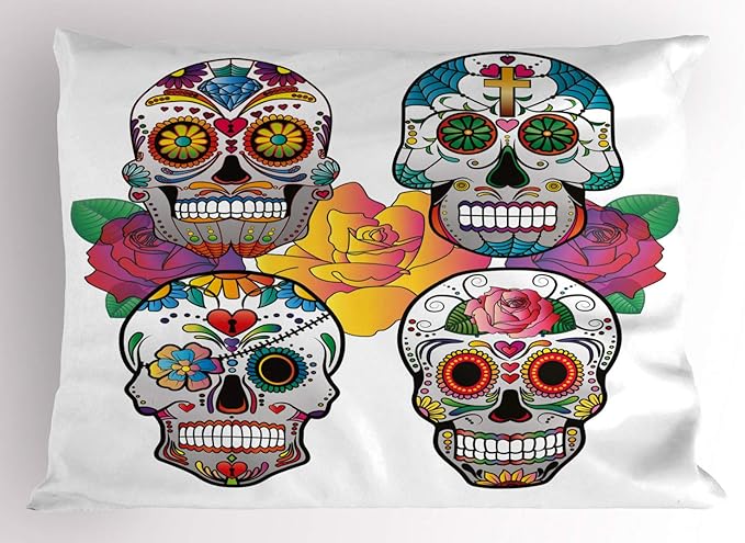 Ambesonne Sugar Skull Pillow Sham, Different Types of Skulls Rich and Colorful Ornaments Roses Border Carnival, Decorative Standard Queen Size Printed Pillowcase, 30" X 20", Multicolor - sugar skull throw pillow