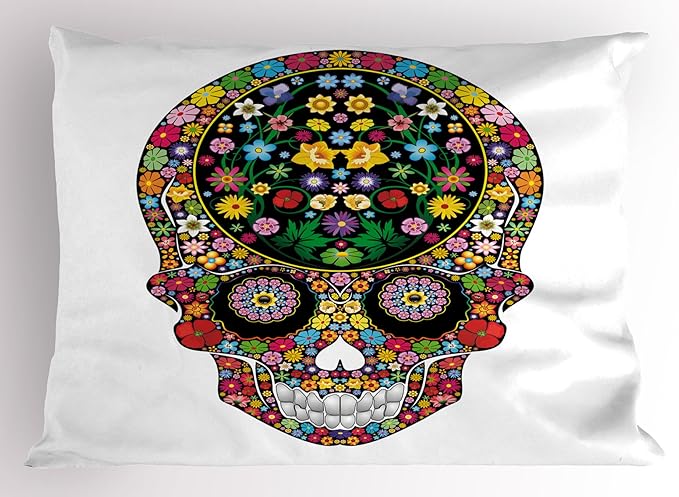 Ambesonne Sugar Skull Pillow Sham, Springtime Garden Wild Blossoms Vegetation Calavera Inspiration Human Death, Decorative Standard Queen Size Printed Pillowcase, 30" X 20", Multicolor - sugar skull throw pillow