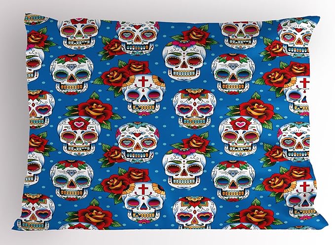 Ambesonne Sugar Skull Pillow Sham, Retro Style Mexican Cultural Pattern on Polka Dots Rose Bouquets Skeletons, Decorative Standard Queen Size Printed Pillowcase, 30" X 20", Multicolor - sugar skull throw pillow