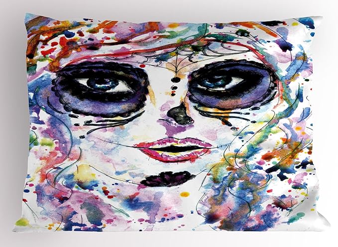 Ambesonne Sugar Skull Pillow Sham, Halloween Girl Sugar Skull Makeup Watercolor Painting Style Creepy Look, Decorative Standard King Size Printed Pillowcase, 36" X 20", Pale Lavender - sugar skull makeup kit