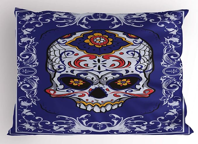 Ambesonne Sugar Skull Pillow Sham, Scary Floral Skull with Motifs in Ornate Framework Swirls Gothic Vintage Look, Decorative Standard Queen Size Printed Pillowcase, 30" X 20", Multicolor - sugar skull throw pillow