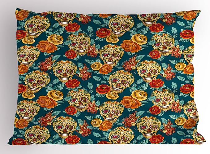 Ambesonne Sugar Skull Pillow Sham, Skulls Diamond Shapes in Eyes Roses Bouquets Colorful Pattern Print, Decorative Standard Size Printed Pillowcase, 26" X 20", Multicolor - sugar skull throw pillow