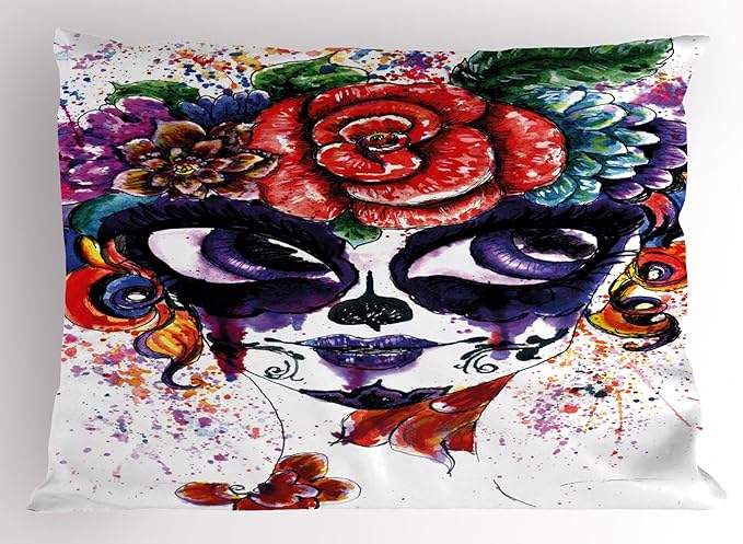 Ambesonne Sugar Skull Pillow Sham, Watercolor Painting Style Girl Face with Make up and Floral Crown Big Eyes, Decorative Standard Size Printed Pillowcase, 26" X 20", Multicolor - sugar skull throw pillow