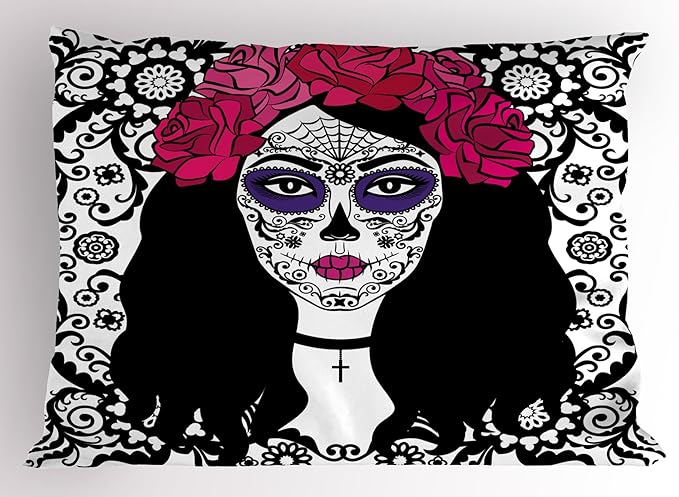 Ambesonne Sugar Skull Pillow Sham, Dia De Los Muertos Themed Traditional Art Print Colorful Lady Art Print, Decorative Standard Size Printed Pillowcase, 30" X 20", White Black Pink - sugar skull throw pillow