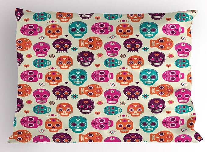 Ambesonne Sugar Skull Pillow Sham, Colorful Skull Silhouettes Hearts and Flowers Carnival Celebration Theme, Decorative Standard Queen Size Printed Pillowcase, 30" X 20", Multicolor - sugar skull throw pillow
