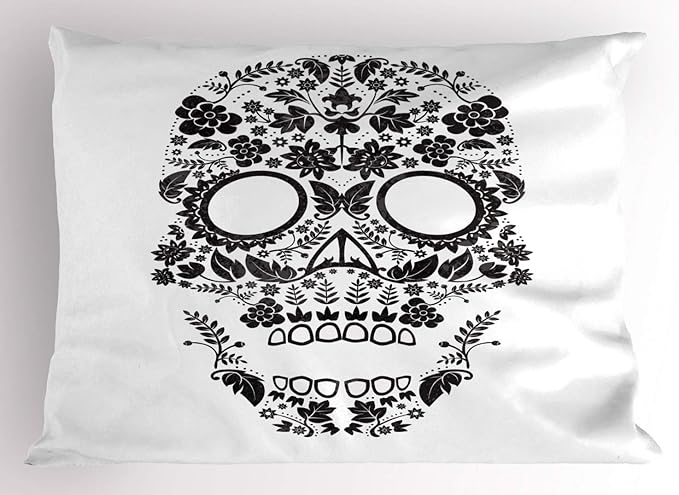 Ambesonne Sugar Skull Pillow Sham, Tradition Latin Celebration Special Day Monochromatic Artwork, Decorative Standard Queen Size Printed Pillowcase, 30" X 20", White and Black - sugar skull throw pillow