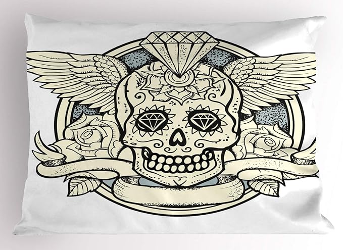 Ambesonne Sugar Skull Pillow Sham, Illustration of Calavera Diamond and Roses Vintage Revival Design, Decorative Standard Queen Size Printed Pillowcase, 30" X 20", Cream Grey Black - sugar skull throw pillow