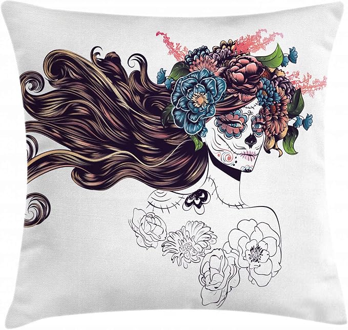 Ambesonne Ethnic Throw Pillow Cushion Cover, Traditional Sugar Skull Girl with Flower Wreath Mourning Festival Day, Decorative Square Accent Pillow Case, 18" X 18", Multicolor - sugar skull wreath for front door