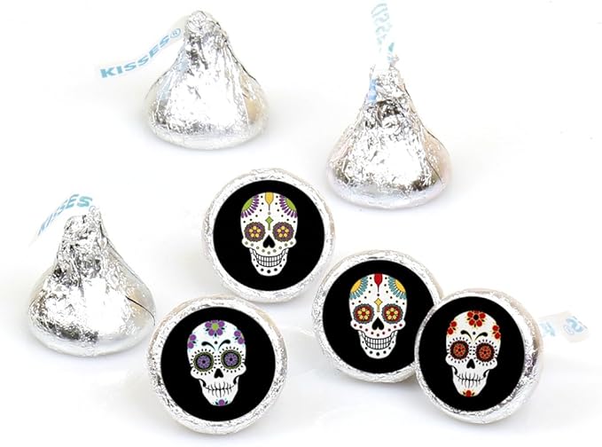 Big Dot of Happiness Day of the Dead - Halloween Sugar Skull Party Round Candy Sticker Favors - Labels Fit Chocolate Candy (1 Sheet of 108) - sugar skull vinyl sticker