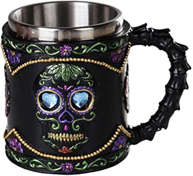 Pacific Giftware Day of The Dead Celebration Black Sugar Skull Floral Design Collectible Mug Tankard 11oz - sugar skull coffee cup
