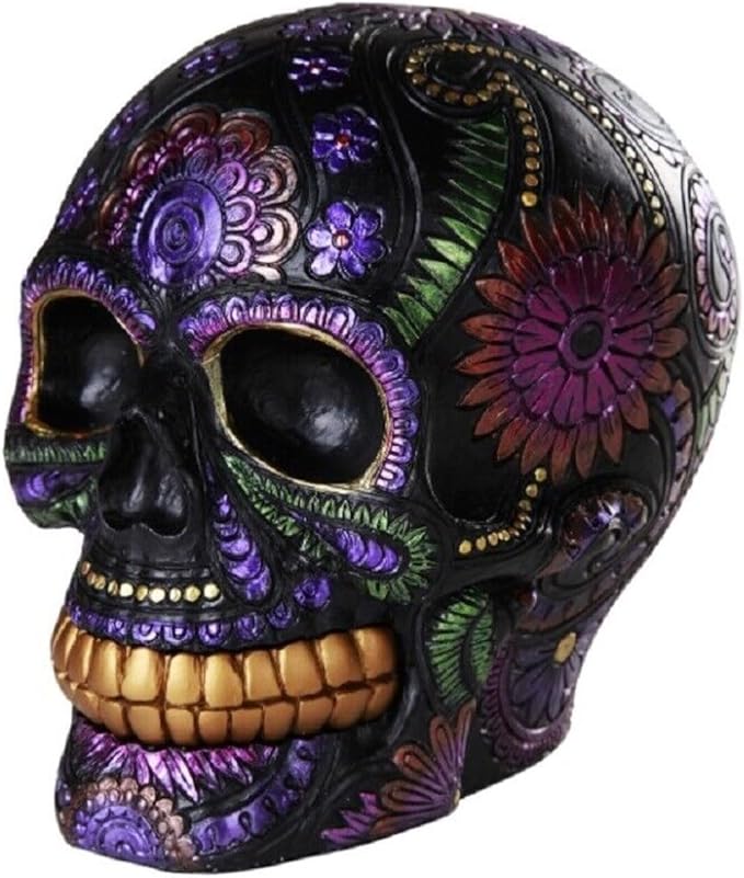 Pacific Giftware Day of The Dead Celebration Black Sugar Skull Floral Design Collectible 6 Inch - sugar skull garden decor
