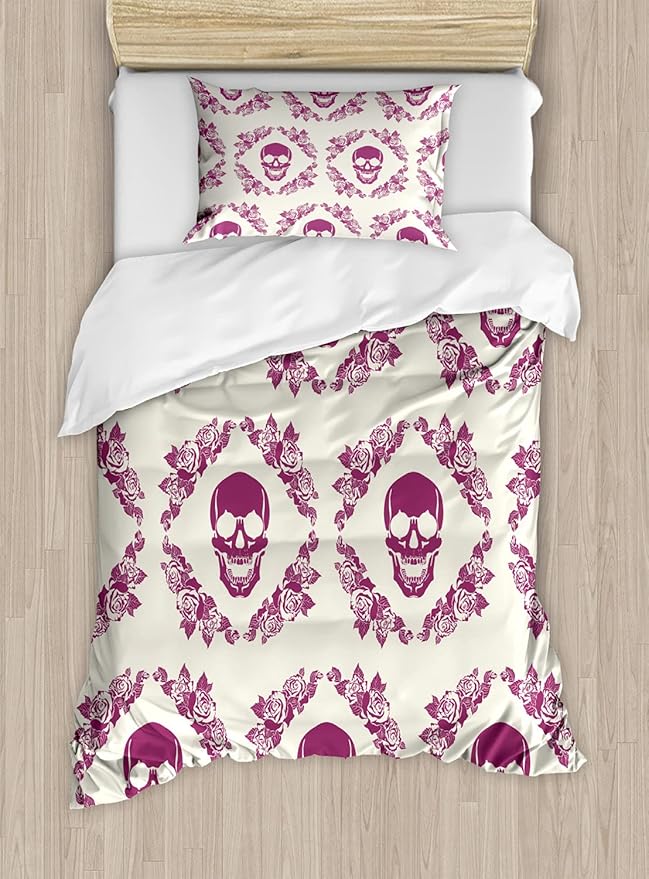Ambesonne Sugar Skull Duvet Cover Set, Monochrome Style Calavera Inspired Surround by Circular Floral Wreath Print, Decorative 2 Piece Bedding Set with 1 Pillow Sham, Twin Size, Fuchsia Cream - sugar skull wreath for front door