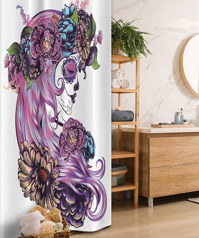 Ambesonne Gothic Stall Shower Curtain, Day of Dead Illustration Sugar Skull Girl in Flower Wreath Print Latin American, Fabric Bathroom Decor Set with Hooks, 36" W x 72" L, Purple Blue - sugar skull wreath for front door