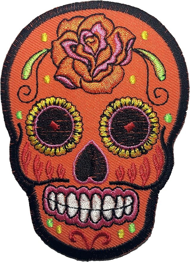 Mexican Sugar Skull Tattoo Dead Head Biker DIY Embroidered Applique Sew on Iron on Patch - Orange (IRON-MEXI-01-OR) - sugar skull temporary tattoo