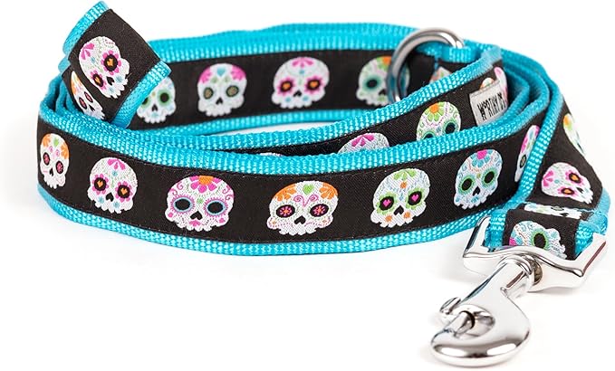 The Worthy Dog Skeleton Sugar Skulls and Flowers Day of The Dead Colorful Designer Pet Dog Strong and Comfortable Nylon Webbing Lead,Small- Black Color - sugar skull plates set