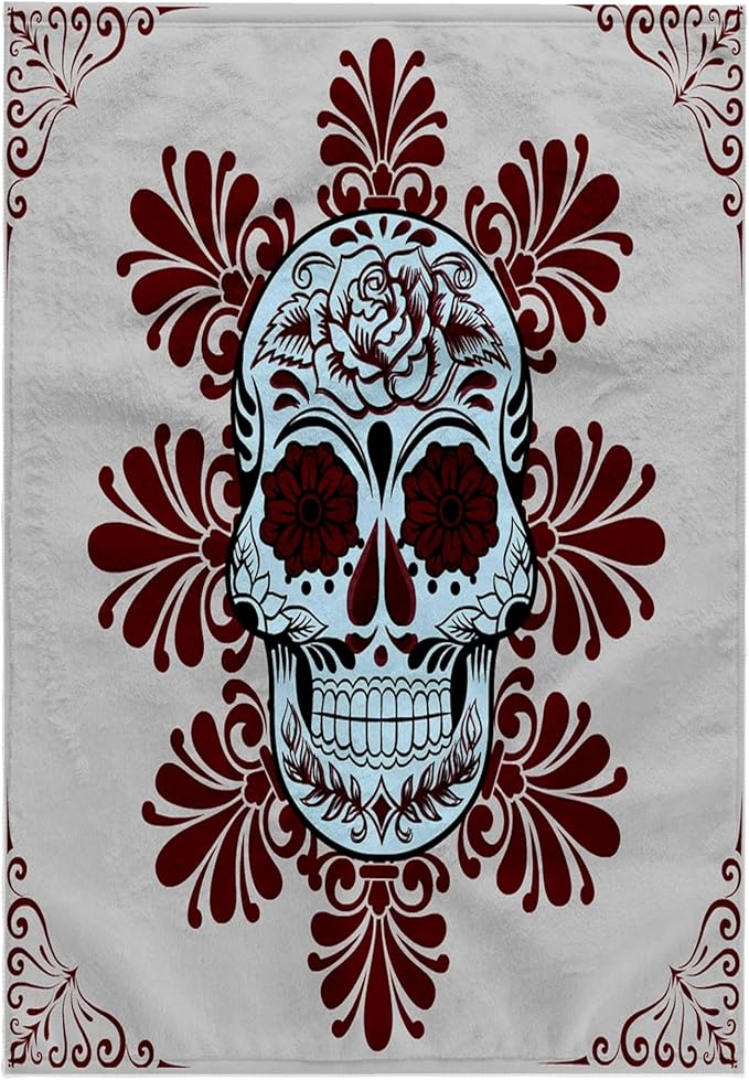 3dRose 15x22 Hand Towel - Day of The Dead. Unique Design. Burgundy and Grey. Sugar Skull - sugar skull beach towel