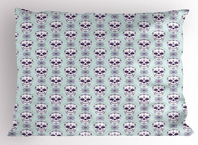Ambesonne Sugar Skull Pillow Sham, Flower Pattern with Skulls on Geometric Floral Damask Background, Decorative Standard Size Printed Pillowcase, 26" X 20", Pale Blue Purple White - sugar skull throw pillow