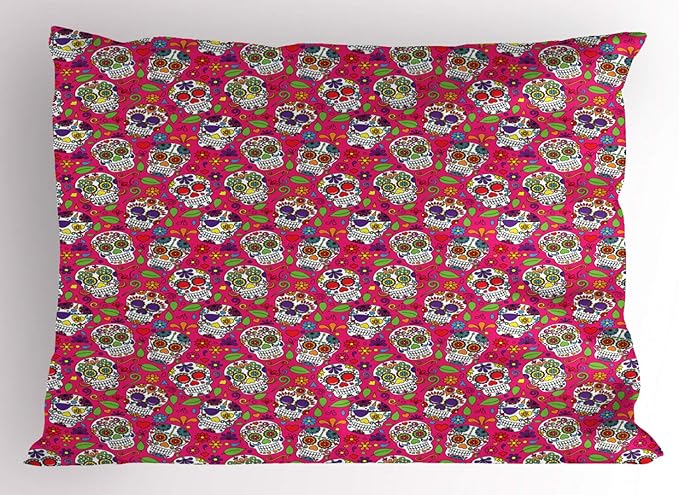 Ambesonne Sugar Skull Pillow Sham, All Saints Day Oriental Mexican Flowers Hearts Vibrant Design Print, Decorative Standard Queen Size Printed Pillowcase, 30" X 20", Hot Pink Purple Green - sugar skull throw pillow