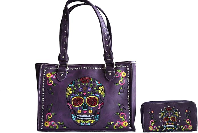sugar skull day of the dead embroidery gun concealed carry handbag purse set (purple) - sugar skull handbags for sale