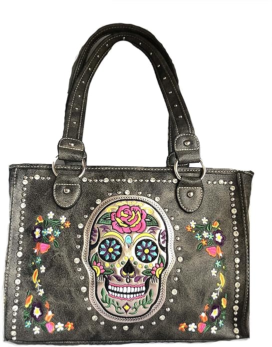 sugar skull day of the dead embroidery gun concealed carry handbag purse (GRAY) - sugar skull handbags for sale