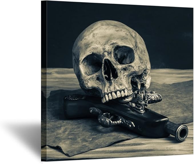 KREATIVE ARTS - Abstract Skull with a Gun Wall Art Canvas Painting Vintage Poster Prints Home Decor Wall Picture For Living Room Gift Hanging Wall Decor Picture 24x24inch - sugar skull canvas wall art