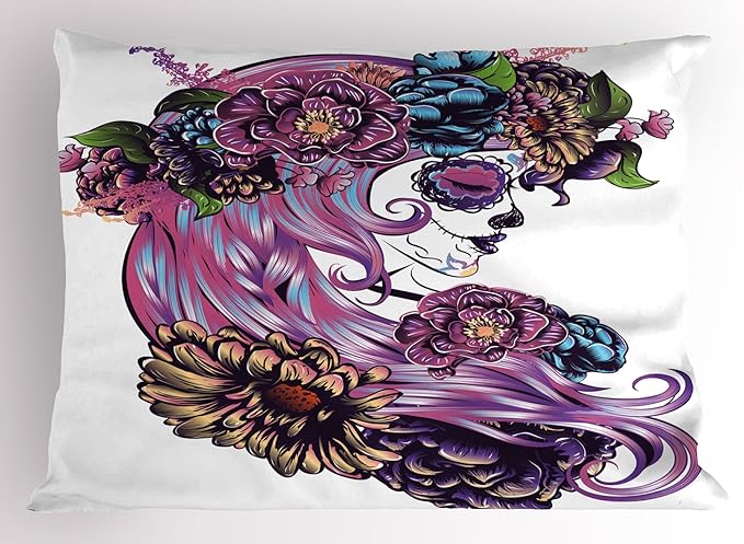 Ambesonne Gothic Pillow Sham, Day of Dead Illustration with Sugar Skull Girl in Flower Wreath, Decorative Standard King Size Printed Pillowcase, 36" X 20", Multicolor - sugar skull wreath for front door