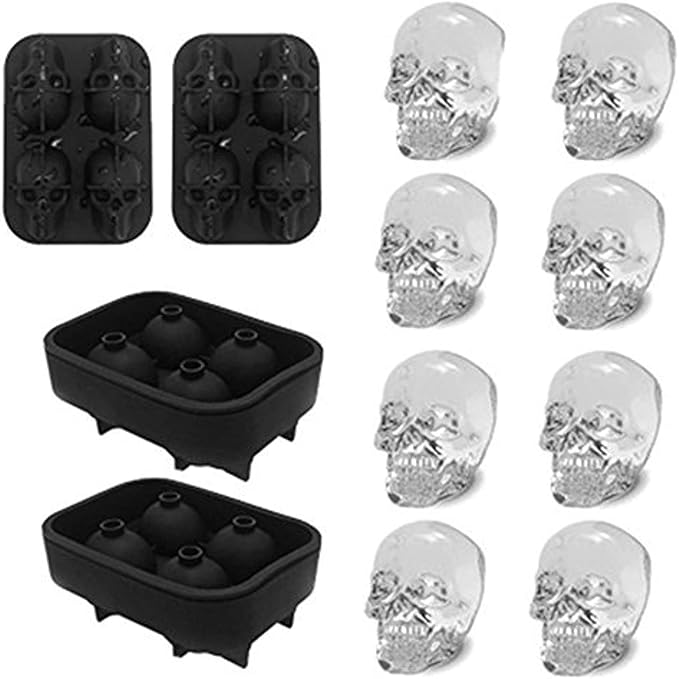 CHIYAN 3D Skull Silicone Ice Cube Mold - 2 Pack 1.9″ Easy Release Flexible Silicone Freezer Tray, Reusable Whiskey Ice Cubes Mold Skull for Party Cocktails Champagne and Drinks - sugar skull wine glass