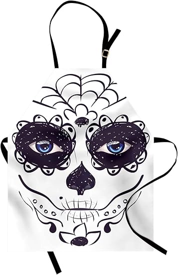 Ambesonne Day of the Dead Apron, Dia de los Muertos Sugar Skull Girl Face Make up Print, Unisex Kitchen Bib with Adjustable Neck for Cooking Gardening, Adult Size, White Black - sugar skull apron for women