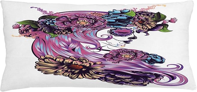Lunarable Gothic Throw Pillow Cushion Cover, Day of Dead Illustration with Sugar Skull Girl in Flower Wreath, Decorative Rectangle Accent Pillow Case, 36" X 16", Multicolor - sugar skull wreath for front door
