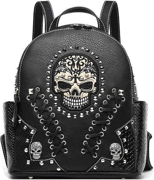 Sugar Skull Punk Art Rivet Studded Biker Purse Women Fashion Backpack Bookbag Python Daypack Shoulder Bag - best sugar skull backpack