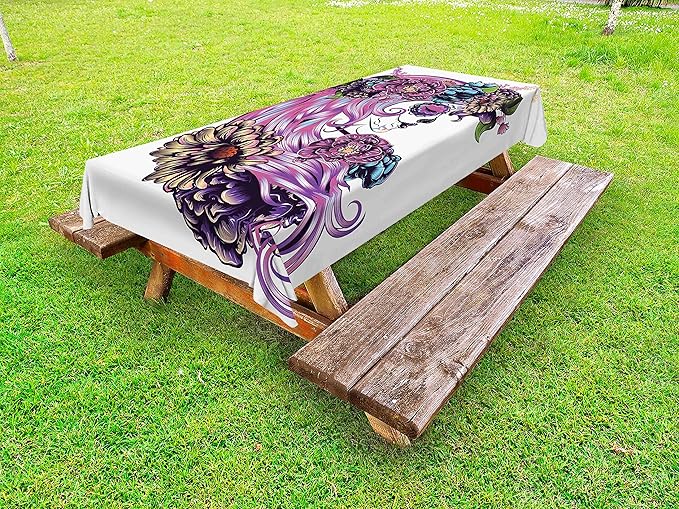 Lunarable Gothic Outdoor Tablecloth, Day of Dead Illustration with Sugar Skull Girl in Flower Wreath, Decorative Washable Picnic Table Cloth, 58" X 84", Multicolor - sugar skull wreath for front door