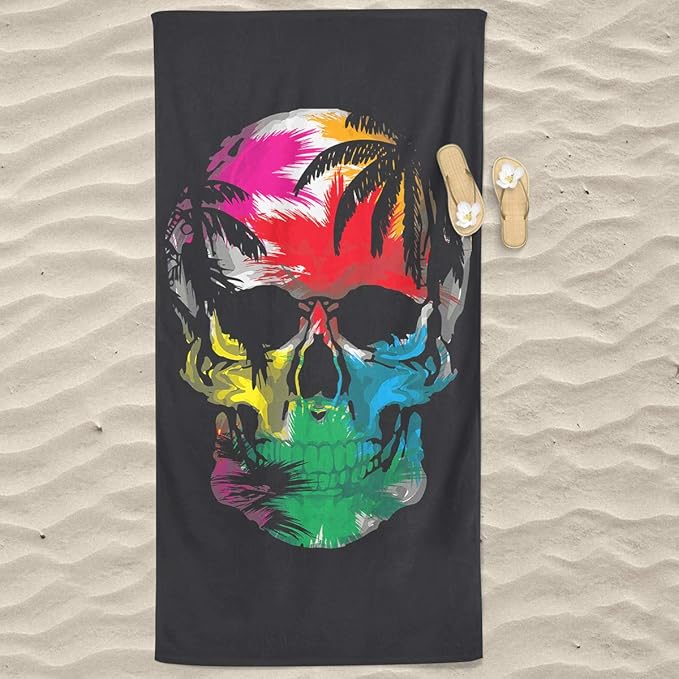 SOFTBATFY Skull Microfiber Beach Towel Oversize, 300GSM Large 63"x31.5", Quick Drying, Cool Pool Towel, Lounge Cover (Skull) - sugar skull beach towel