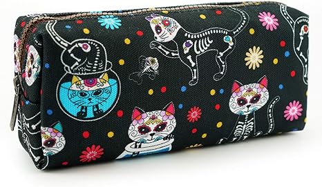 LParkin Day of the Dead Cats Pencil Case Gadget Box Dia de los Muertos Bag Sugar Skull Cats Bag Toiletry Zip Pouch Rockabilly Bag Makeup Cosmetic Stationary - sugar skull handbags for sale