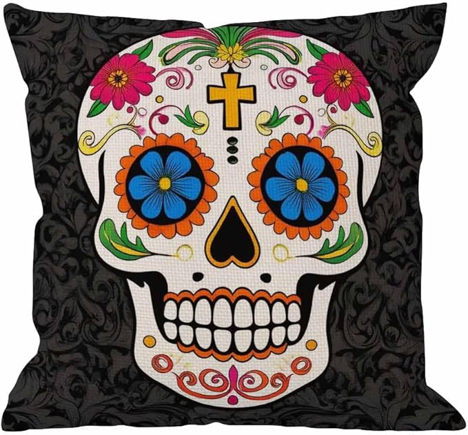 HGOD DESIGNS Skull Pillow Case Decor Colorful Sugar Skull Cotton Linen Square Cushion Cover Standard Pillowcase Men Women Home Decorative Sofa Armchair Bedroom Livingroom 18 x 18 inch - sugar skull throw pillow