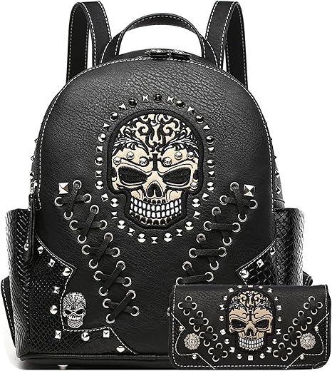 Sugar Skull Punk Art Rivet Stud Biker Purse Women Fashion Backpack Python Daypack Shoulder Bag Wallet Set (Black Set), Large - best sugar skull backpack