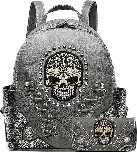Sugar Skull Punk Art Rivet Stud Biker Purse Women Fashion Backpack Python Daypack Shoulder Bag Wallet Set, Large (Grey Set) - sugar skull handbags for sale