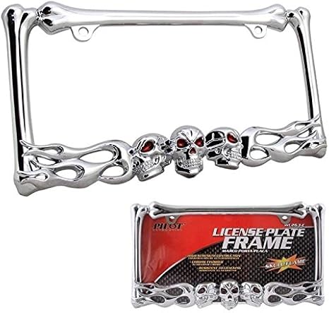 Chromed Skull w/Red Painted Eyes Flames Bones Design License Plate Frame Die Cast Zinc Triple Chrome Plating Auto Car Truck SUV by Pilot Auto - sugar skull plates set