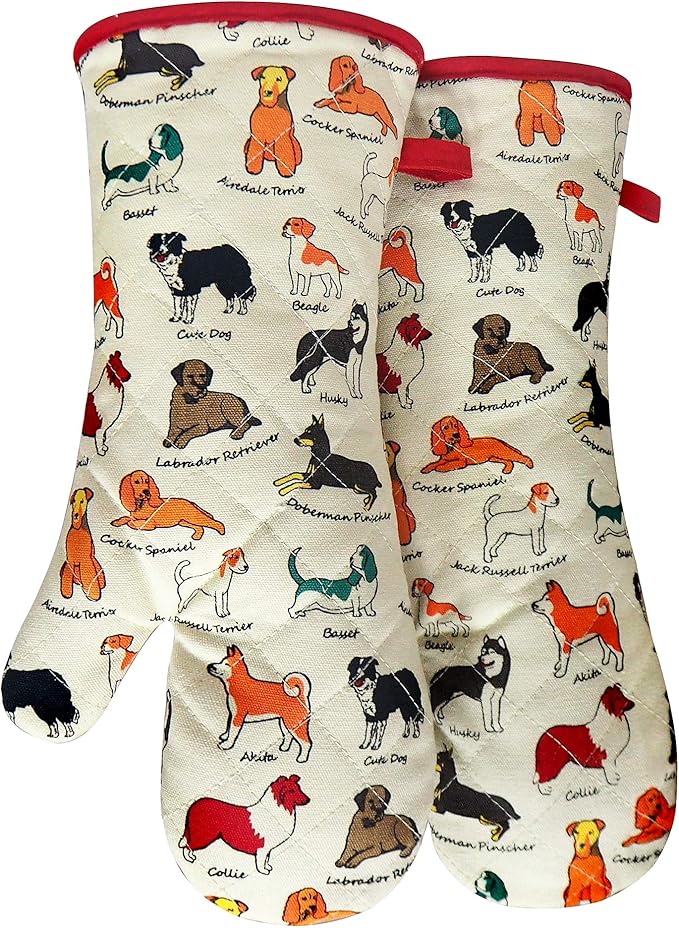 Oven Mitts Cotton Fashion Cute Dog Design 1pair Heat Resistant Oven Gloves Safe Cooking Baking Grilling Barbecue Machine Washable Pot Holders (Oven Mitts Dog Flower) - sugar skull oven mitts