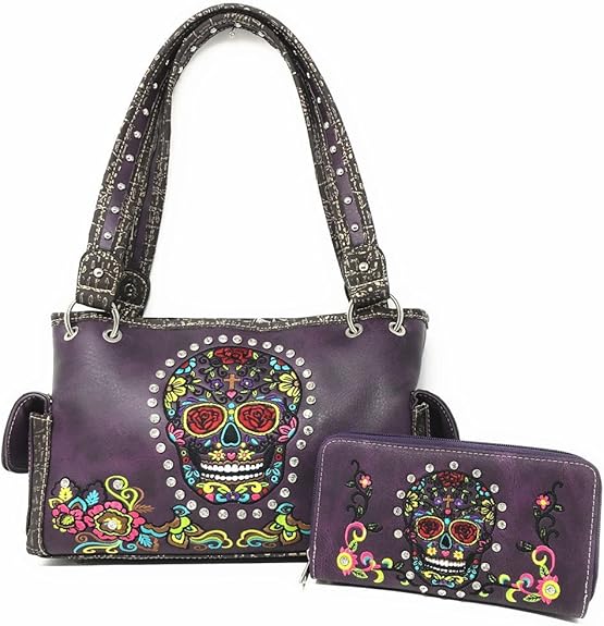 Women's Embroidered Sugar Skull Handbag Purse Wallet Set in Multi Color (Purple) - sugar skull handbags for sale