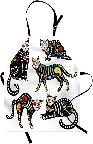 Ambesonne Sugar Skull Apron, Calavera Inspired Ornate Black Cats Mexican Style Holiday The Day of The Dead, Unisex Kitchen Bib with Adjustable Neck for Cooking Gardening, Adult Size, Black White - sugar skull apron for women