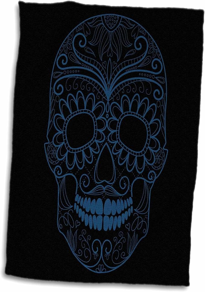 3dRose Blue and Black Sugar Skull Day of The Dead Art Towel, 15" x 22" - sugar skull beach towel