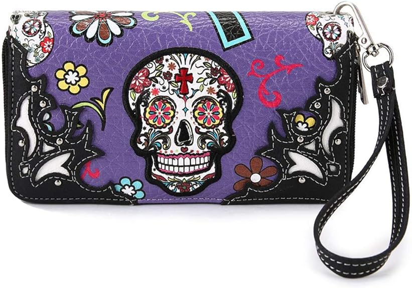 Sugar Skull Western Cross Clutch Wallet Day of the Dead Wristlet Purse Calavera - sugar skull wallets for women