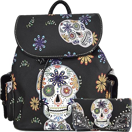 Sugar Skull Day of the Dead Backpack Purse Set ,Vegan Leather Skull Handbag with Matching Wallet,Gothic Punk Rose Design for Women,Mini Backpack and Crossbody Wristlet for Party Travel Biker Daily Use - best sugar skull backpack