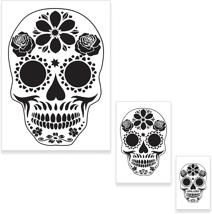 Custom Shop Airbrush Sugar Skull Day of The Dead Stencil Set (Skull Design #14 in 3 Scale Sizes) - Laser Cut Reusable Templates - sugar skull temporary tattoo