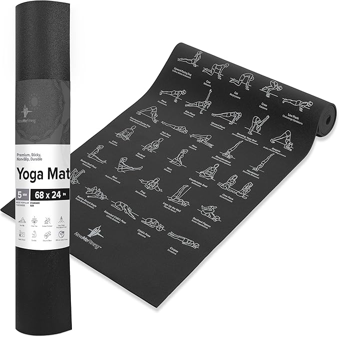 NewMe Fitness Yoga Mat for Women and Men - Large, 5mm Thick, 68 Inch Long, Non Slip Exercise Mats w/ 70 Printed Yoga Poses for Pilates, Workout and Stretching - Home and Gym Essentials - sugar skull yoga mat